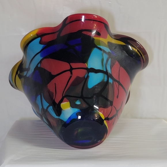 Murano Style Hand Blown Art Glass Ruffled Biwl Red Multi-Color Abstract - Picture 4 of 9